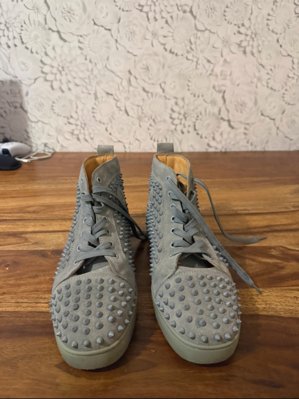 Christian Louboutin Gray Suede Studded High-Top Sneakers